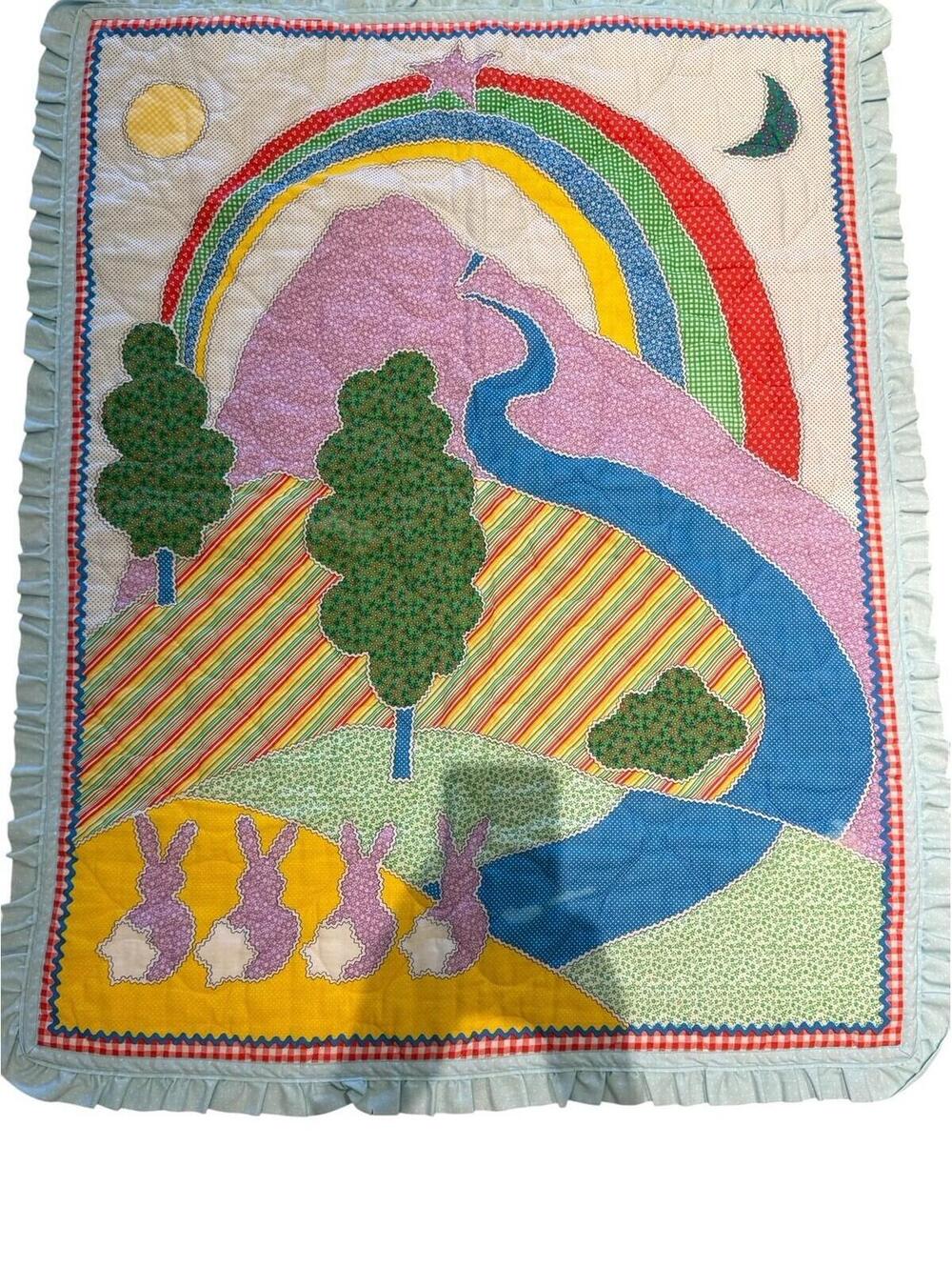Handmade Baby Quilt Wallhanging Design Printed On Rainbow 32.5” X 40”